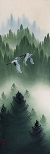 Companions Asian Cranes Landscape Wall Scroll close up view