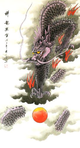 Auspicious Dragon of the Clouds Wall Scroll close up view