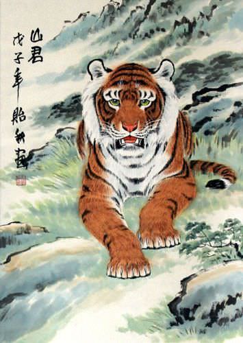 Chinese Tiger Wall Scroll close up view