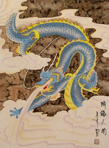 Good Luck Blue Dragon - Chinese Wall Scroll close up view