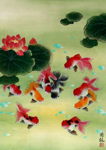 Gold Fish & Flowers - Asian Wall Scroll close up view