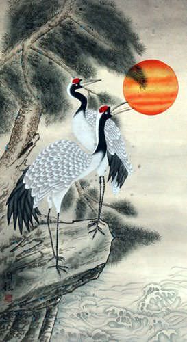 Antique-Style Cranes Wall Scroll close up view
