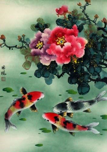 Koi Fish & Peony Flowers - Chinese Wall Scroll close up view