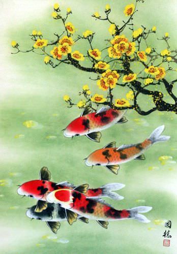 Koi Fish & Plum Blossoms - Asian Wall Scroll close up view