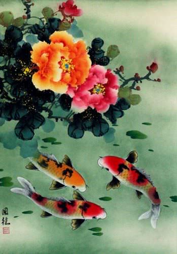 Koi Fish & Peony Flowers - Chinese Wall Scroll close up view
