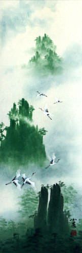 Spirits Visit Yellow Mountain Cranes - Wall Scroll close up view
