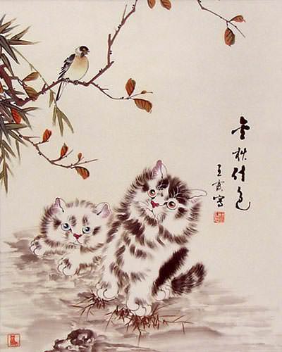 Chinese Kittens Wall Scroll close up view
