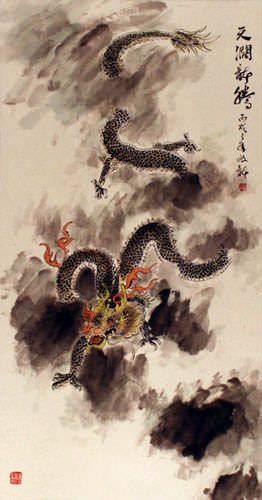 Dragon's Flight - Chinese Dragon Wall Scroll close up view