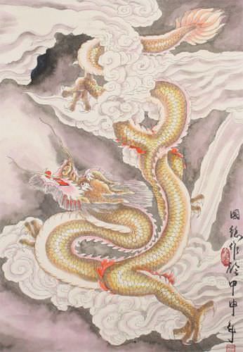 Mighty Dragon - Asian Wall Scroll close up view