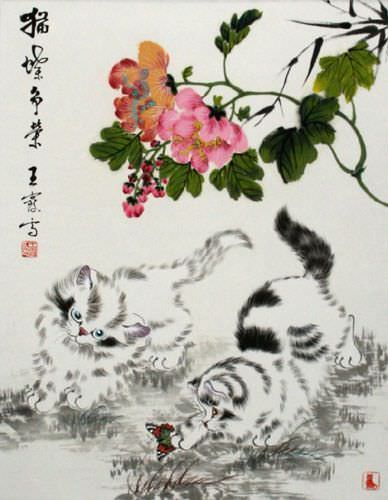 Chinese Kittens Wall Scroll close up view