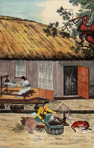 North Korean Village Ladies Wall Scroll close up view