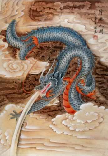 Good Luck Blue Dragon - Chinese Wall Scroll close up view