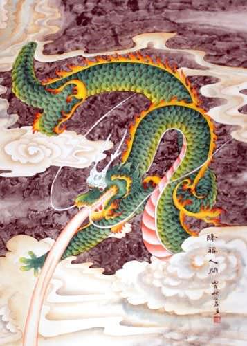 Good Luck Green Dragon - Chinese Wall Scroll close up view