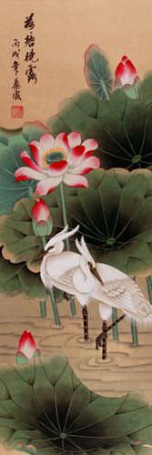 Morning Dew of the Lotus Pond - Egrets Wall Scroll close up view