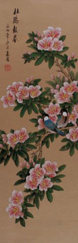 Announcement of Spring - Birds & Peach Blossoms Wall Scroll close up view