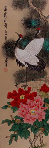 Long Life Full of Riches and Honor - Cranes, Pine Tree & Flowers Wall Scroll close up view