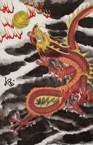 Chinese Red Dragon - Silk Wall Scroll close up view