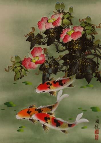 Koi Fish & Flower - Chinese Wall Scroll close up view