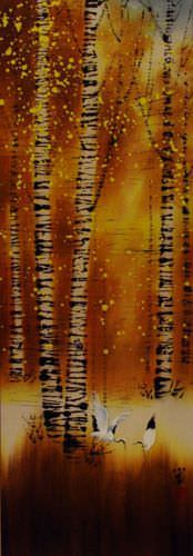 Autumn in Birch Forest - Asian Cranes Wall Scroll close up view