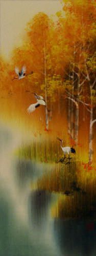 Autumn Rhyme - Colorful Cranes - Small Wall Scroll close up view