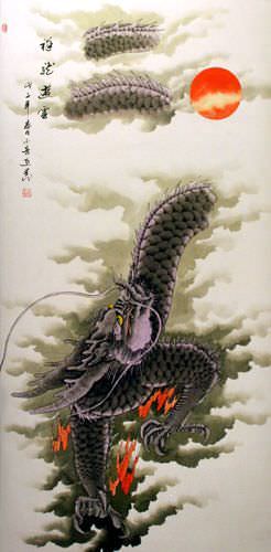 Flying Dragon of the Clouds - Wall Scroll close up view