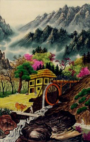 North Korean Water Wheel Village Wall Scroll close up view