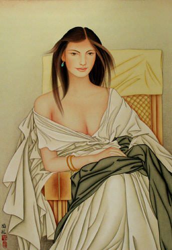 Beautiful Woman - Contemporary Chinese Art Wall Scroll close up view