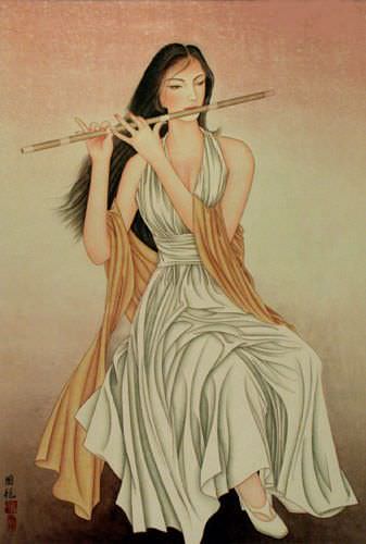 Beautiful Woman Playing Flute - Contemporary Chinese Art Wall Scroll close up view
