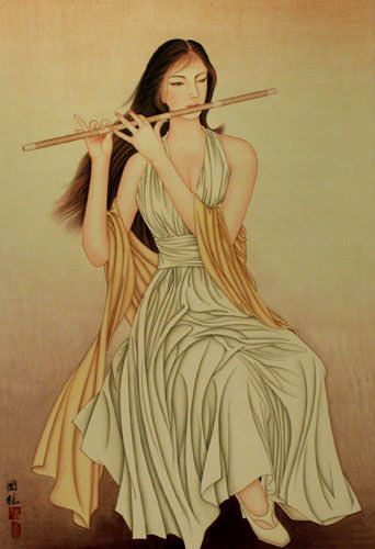 Beautiful Asian Woman Playing Flute - Wall Scroll close up view