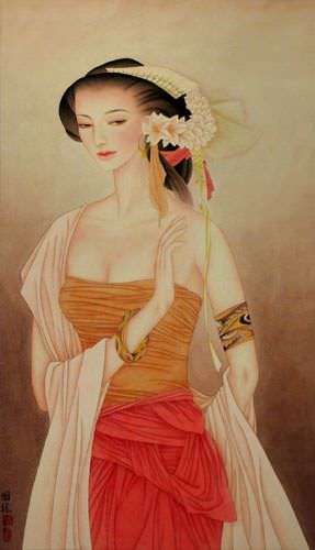 Beautiful Woman - Contemporary Chinese Art Wall Scroll close up view