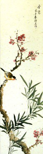 Enjoy the Beauty of Spring - Bird and Flower Wall Scroll close up view