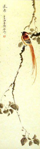 Longevity - Bird and Flower Wall Scroll close up view
