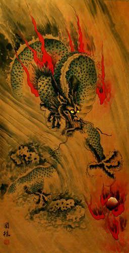 Flying Chinese Dragon - Asian Wall Scroll close up view