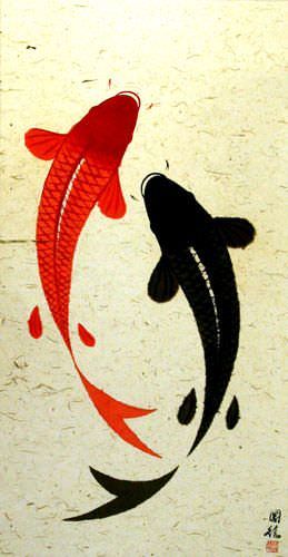 Large Yin Yang Fish Wall Scroll close up view