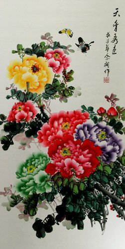 Extra-Large Colorful Peony Flower Wall Scroll close up view