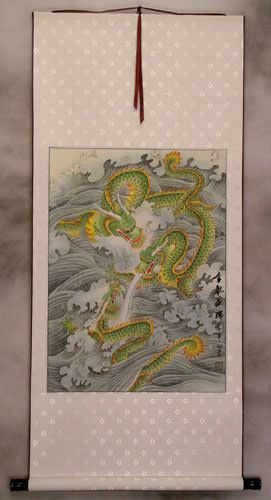 Auspicious Dragons - White Chinese Silk Wall Scroll