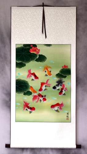 Gold Fish & Flowers - Asian Wall Scroll