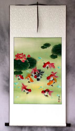 Gold Fish & Flowers - Asian Wall Scroll