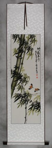 Chinese Green Bamboo and Birds Wall Scroll