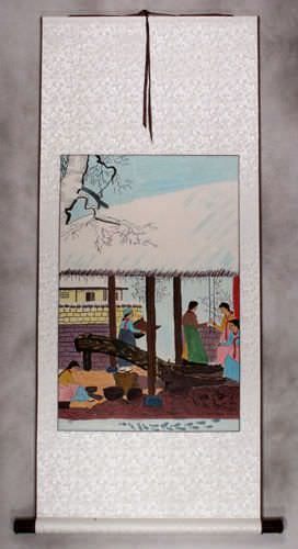 North Korean Village Scene Wall Scroll