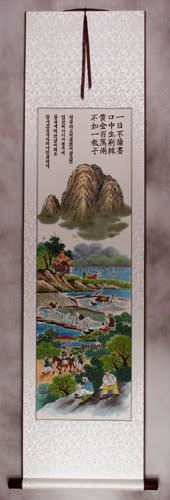 North Korean Village Scene Wall Scroll