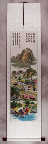 North Korean Village Scene Wall Scroll