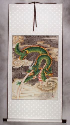 Good Luck Green Dragon - Chinese Wall Scroll
