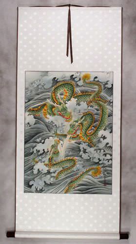 Three Green Dragons - White Asian Silk Wall Scroll