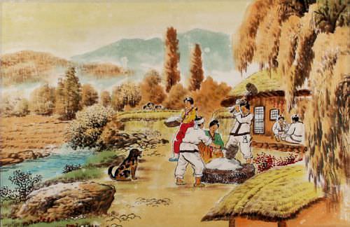 North Korean Village Folk Art Painting