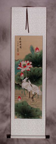 Morning Dew of the Lotus Pond - Egrets Wall Scroll