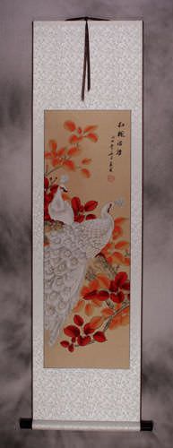 Red Maple Flowers - Autumn Peacock Wall Scroll
