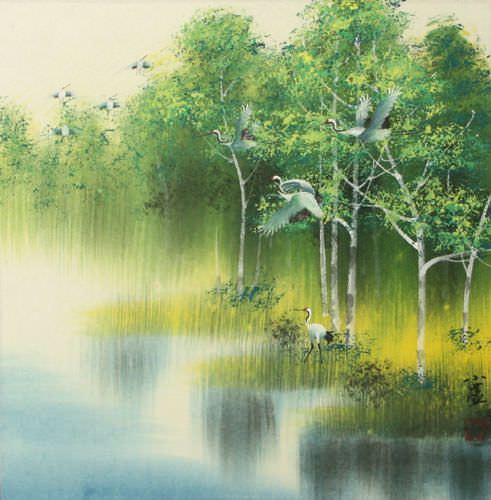 Spring/Summer Asian Cranes Landscape Painting
