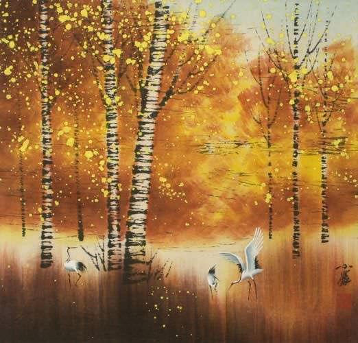Autumn in Birch Forest - Asian Cranes Landscape Painting