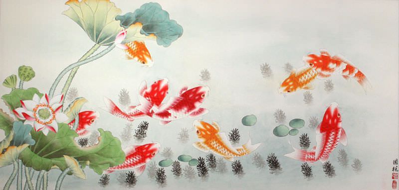 Large Chinese Koi Fish Painting